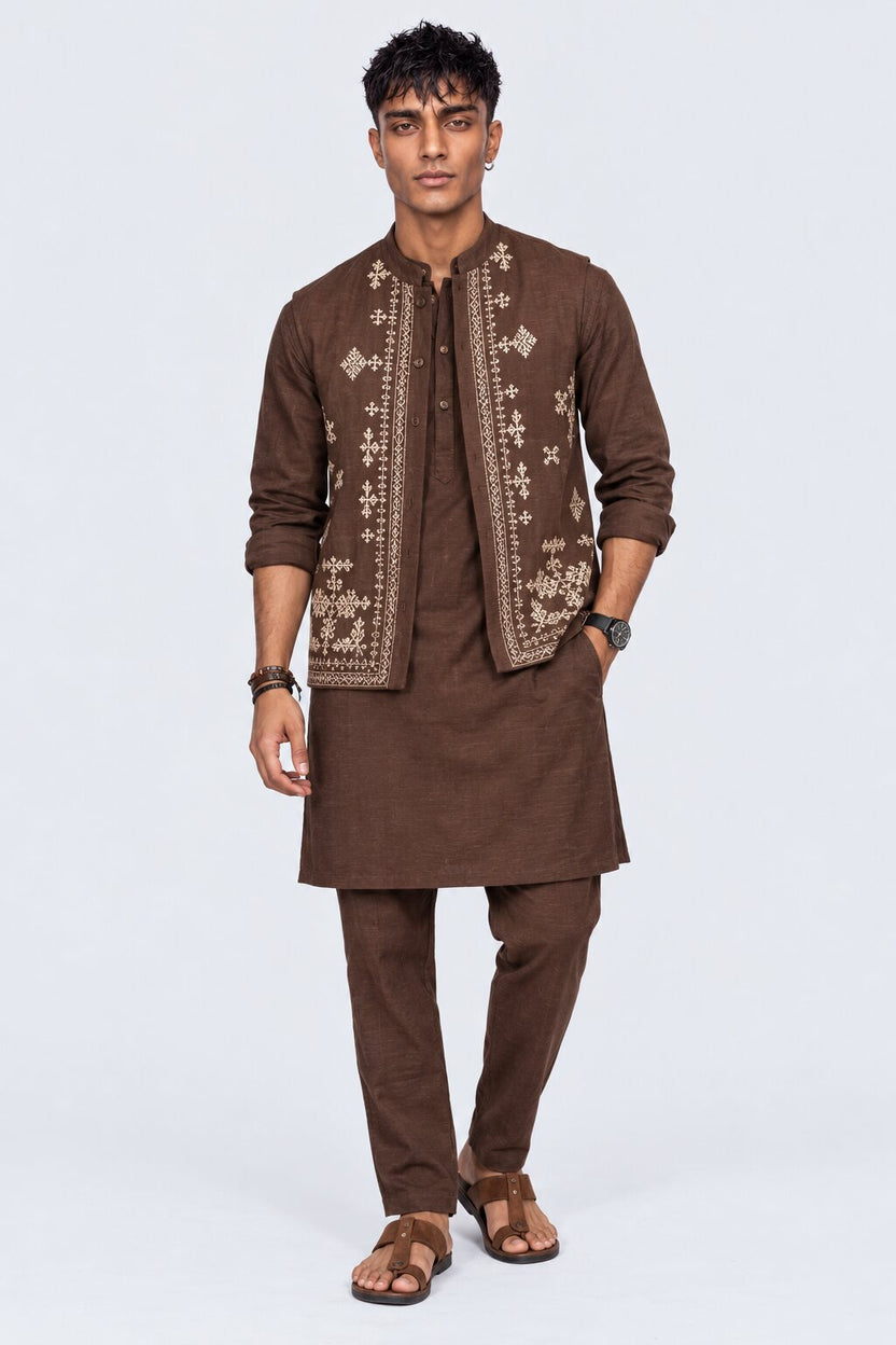 Mens Brown Ethnic Slim Fit Pyjamas - Image 6