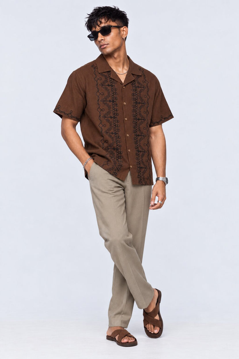 Mens Brown Embroidered Resort Collar Shirt - Image 2