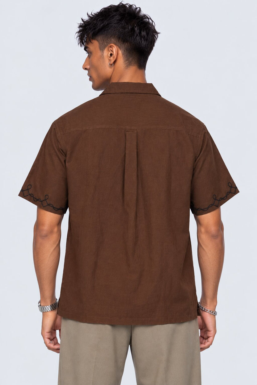 Mens Brown Embroidered Resort Collar Shirt - Image 4
