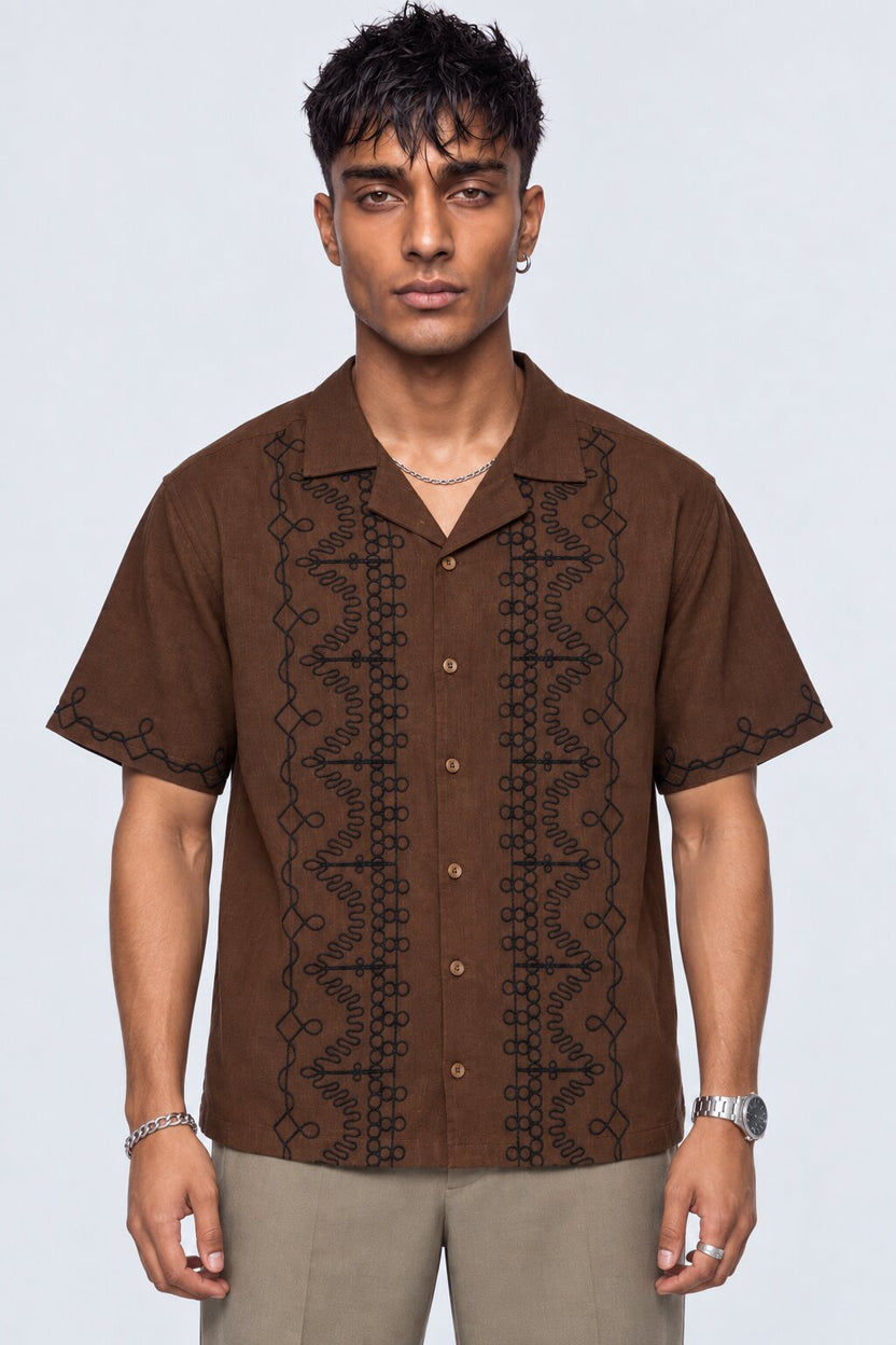 Mens Brown Embroidered Resort Collar Shirt - Image 5