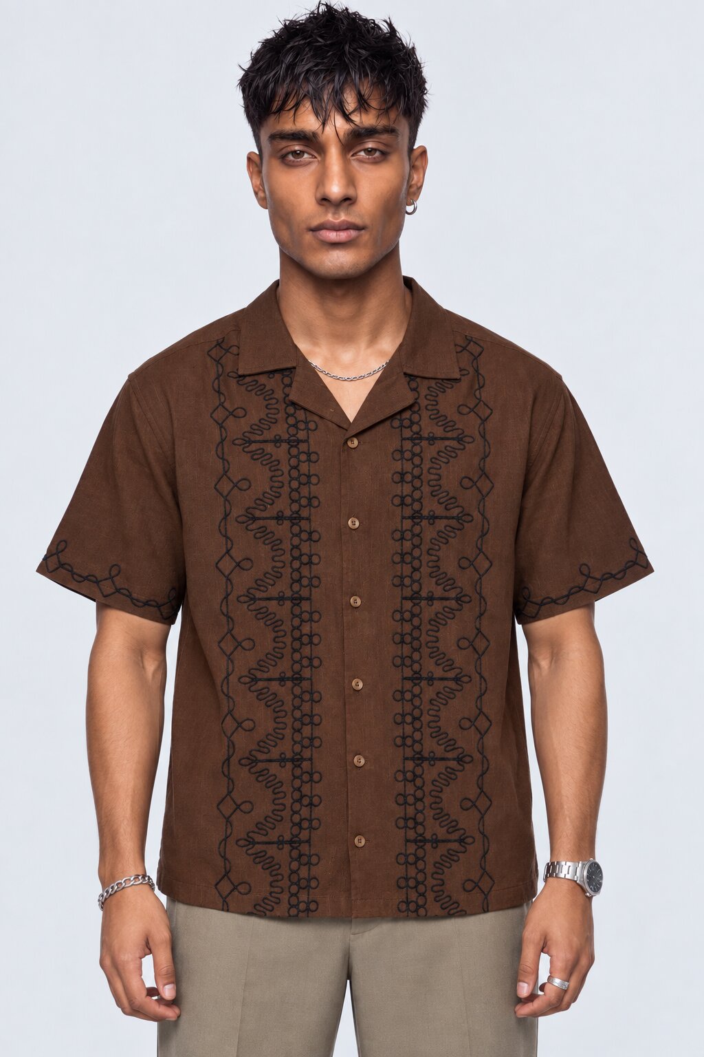 Mens Brown Embroidered Resort Collar Shirt - Image 5