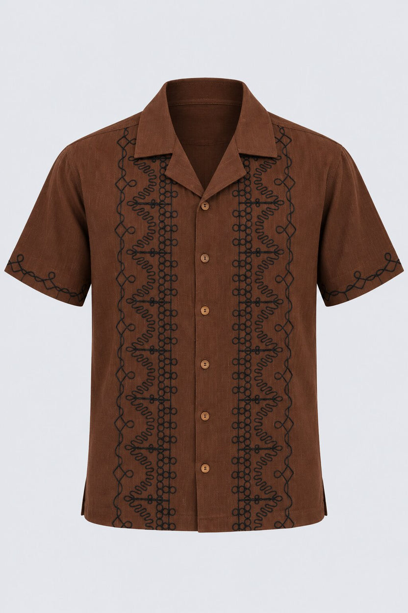 Mens Brown Embroidered Resort Collar Shirt - Image 6