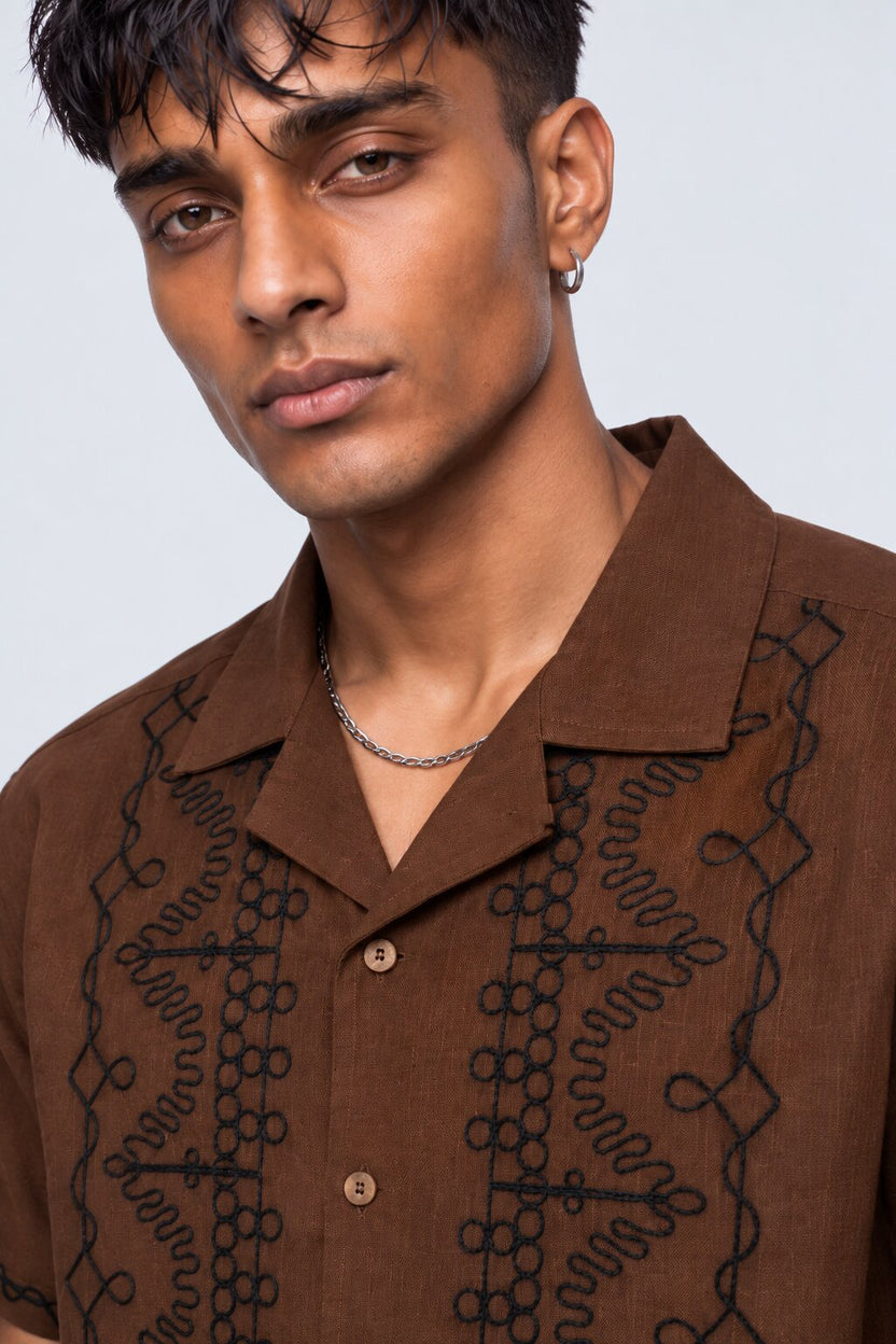Mens Brown Embroidered Resort Collar Shirt - Image 7