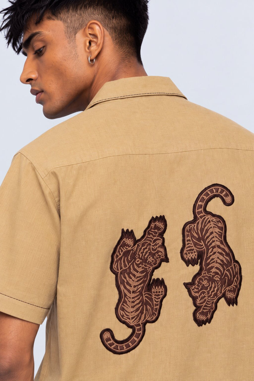 Mens Beige Tiger Embroidered Resort Shirt - Image 1