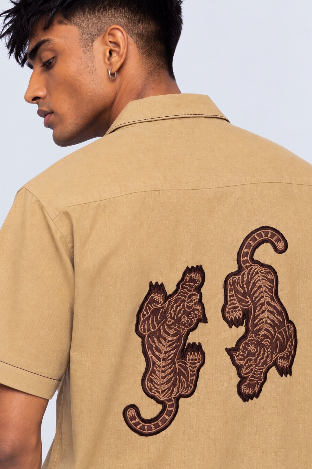 Mens Beige Tiger Embroidered Resort Shirt - Image 1