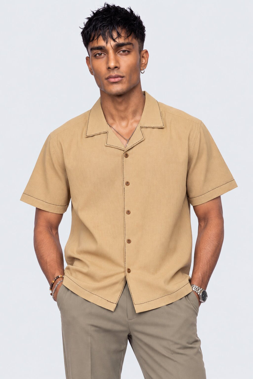 Mens Beige Tiger Embroidered Resort Shirt - Image 2