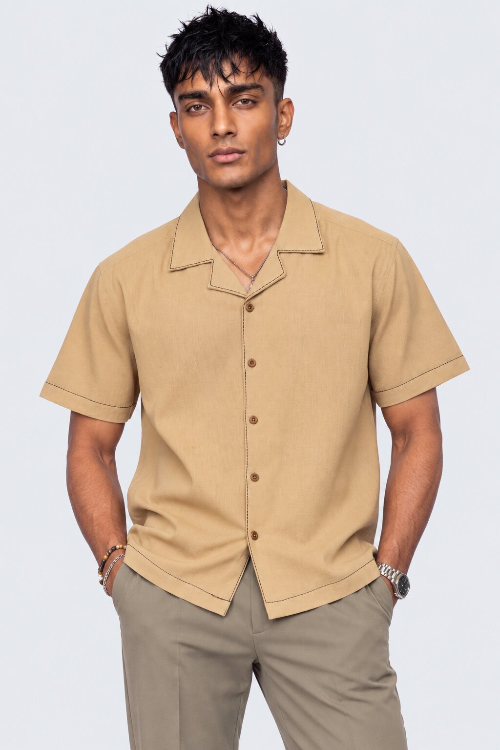Mens Beige Tiger Embroidered Resort Shirt - Image 2