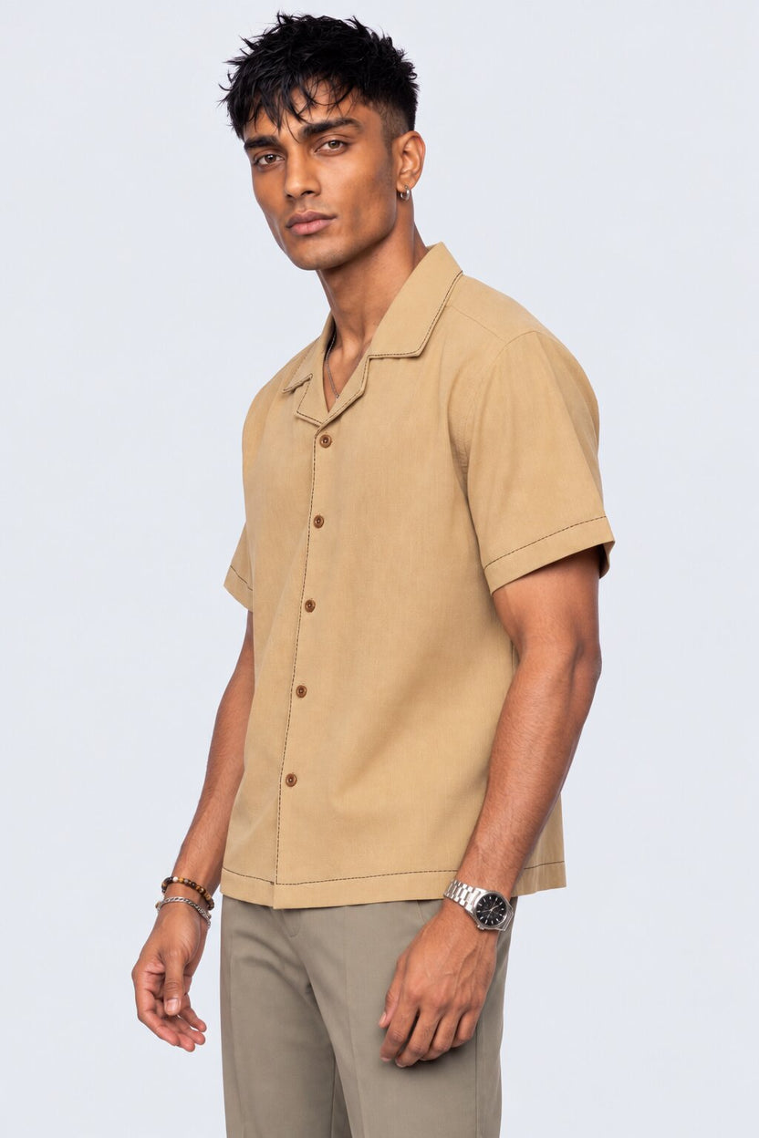 Mens Beige Tiger Embroidered Resort Shirt - Image 4