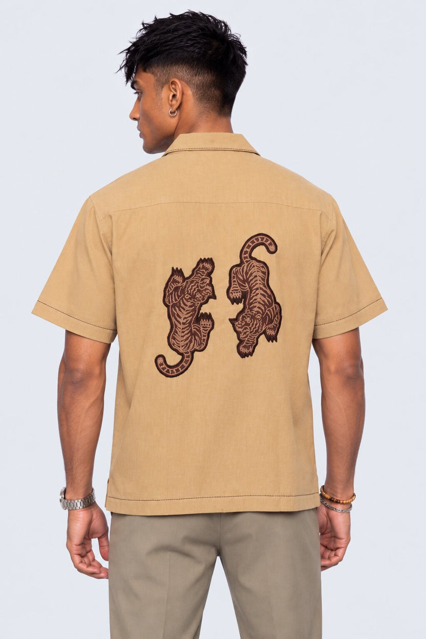 Mens Beige Tiger Embroidered Resort Shirt - Image 5