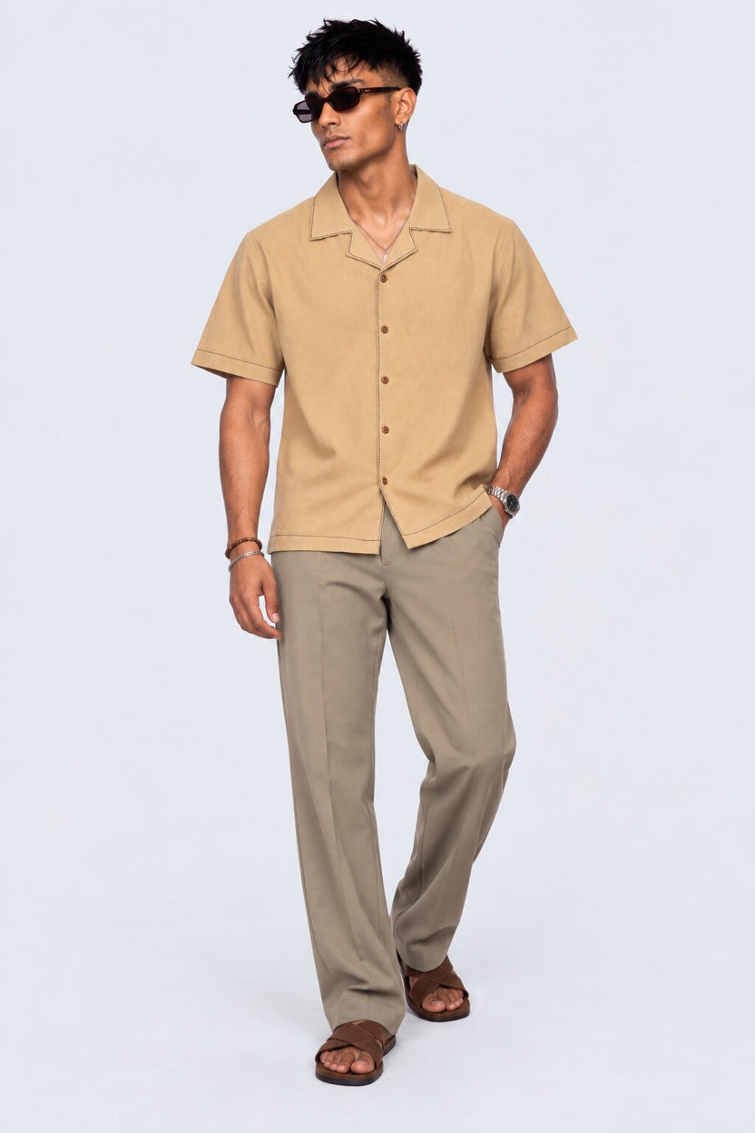 Mens Beige Tiger Embroidered Resort Shirt - Image 6