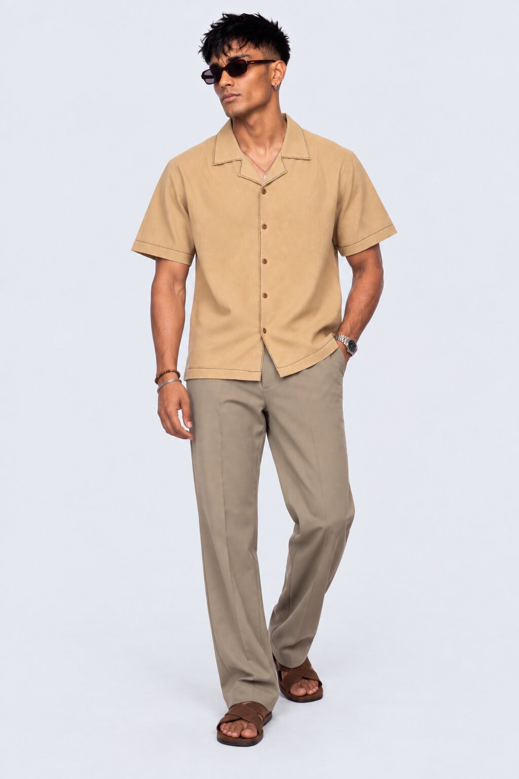 Mens Beige Tiger Embroidered Resort Shirt - Image 6