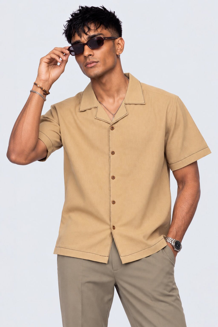 Mens Beige Tiger Embroidered Resort Shirt - Image 9