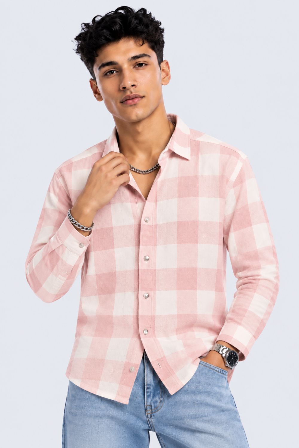 Pink Checked Cotton Casual Shirt - Image 2