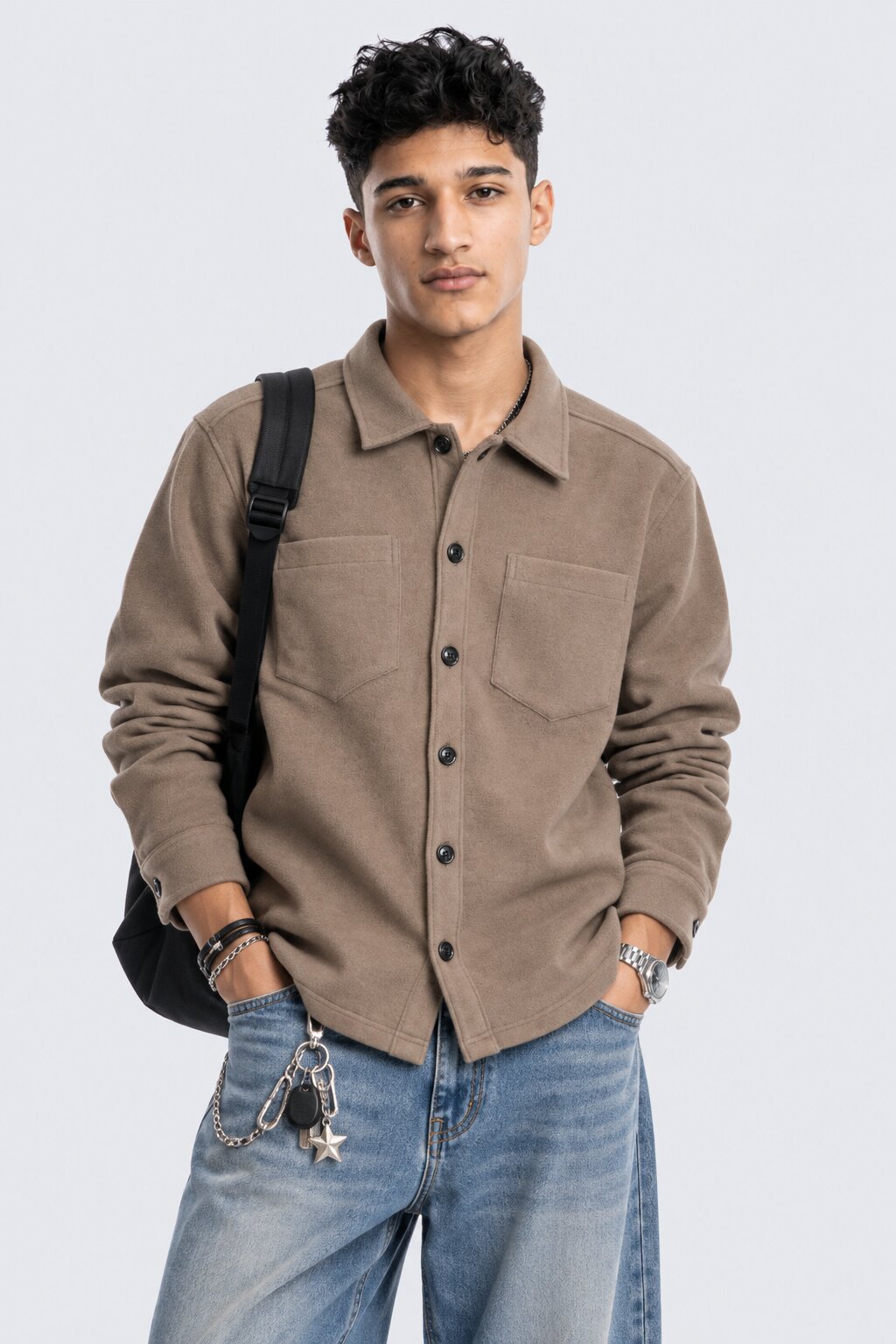 Men Regular Fit Taupe Solid Shaket - Image 1