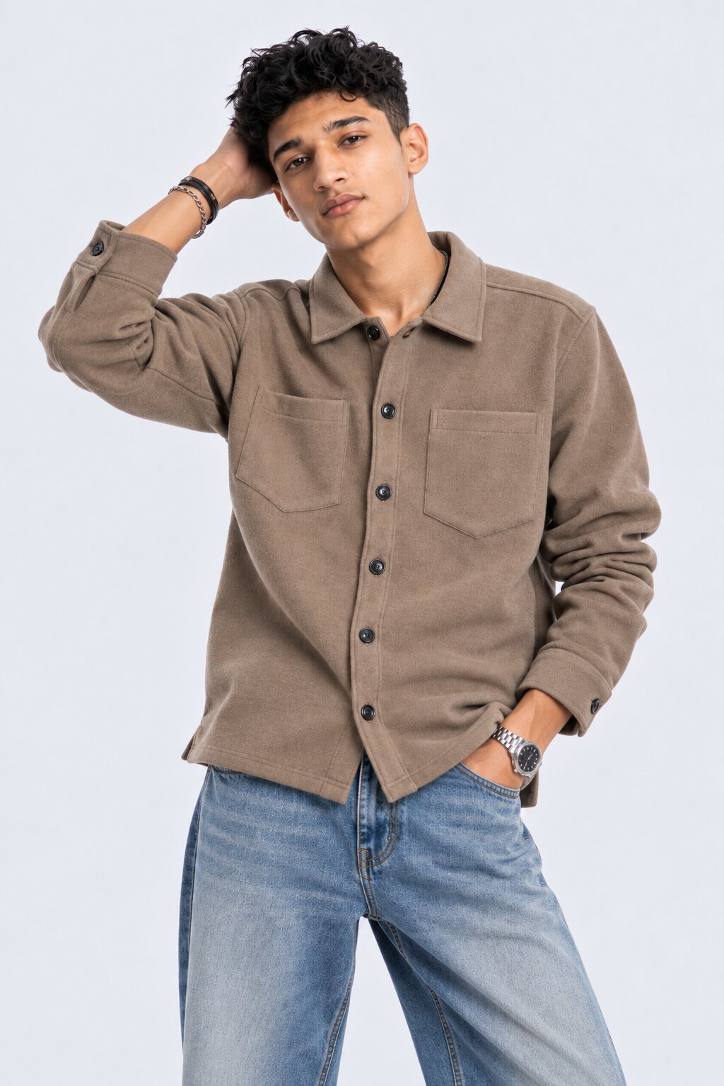Men Regular Fit Taupe Solid Shaket - Image 2