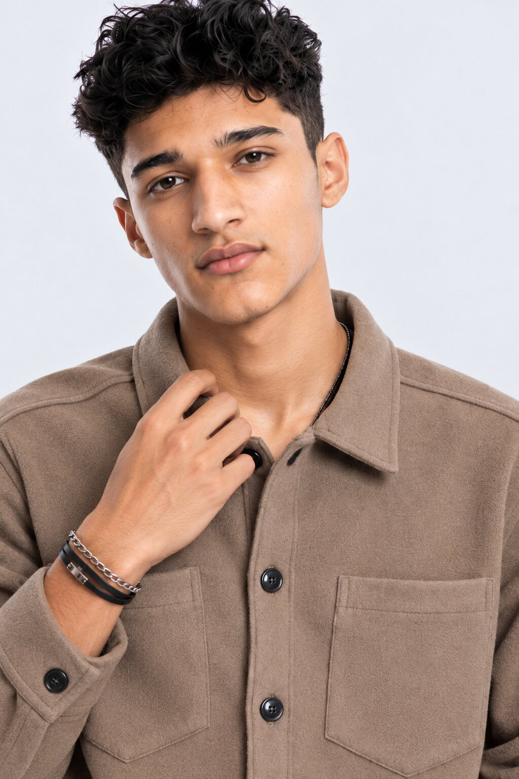 Men Regular Fit Taupe Solid Shaket - Image 3