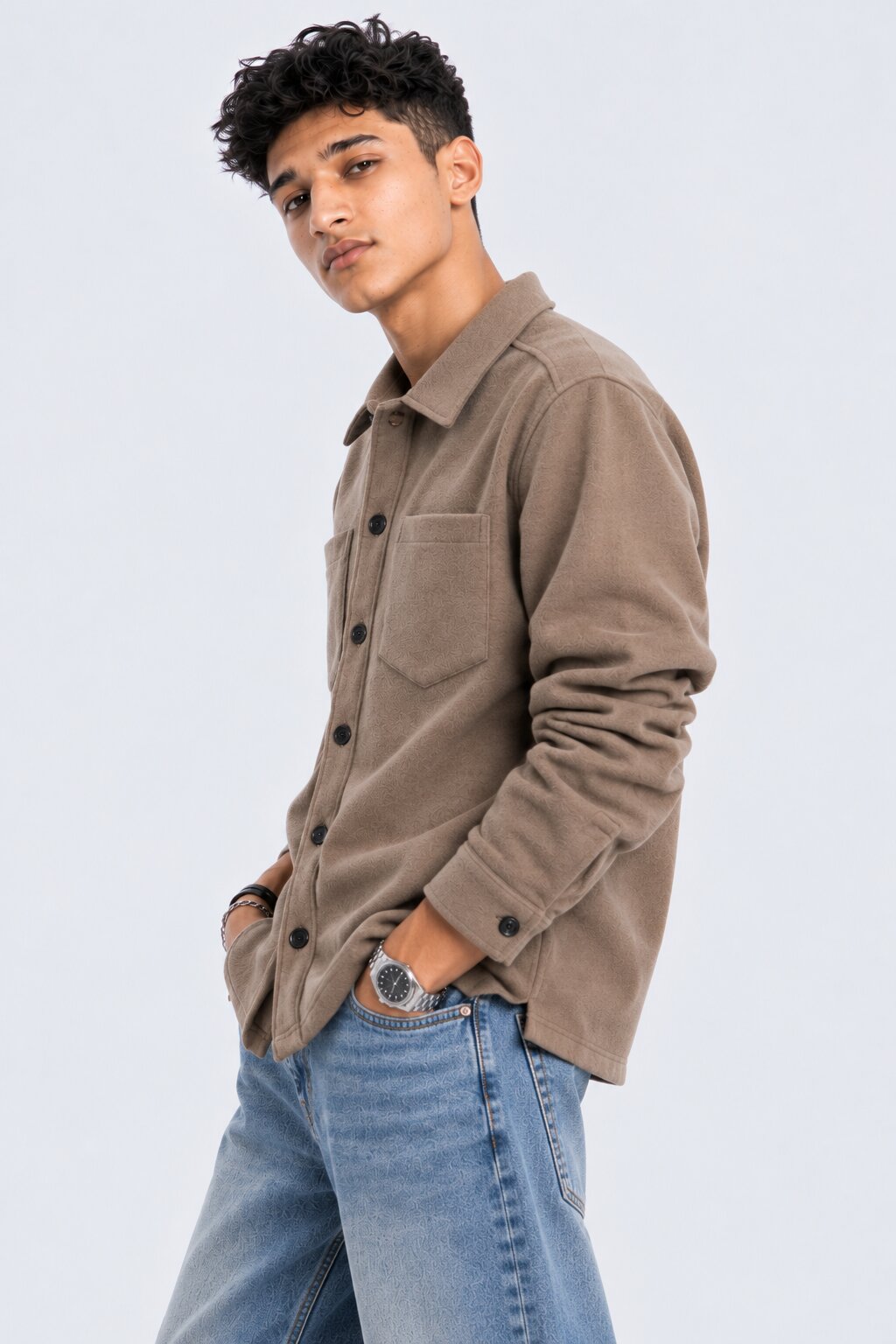 Men Regular Fit Taupe Solid Shaket - Image 4