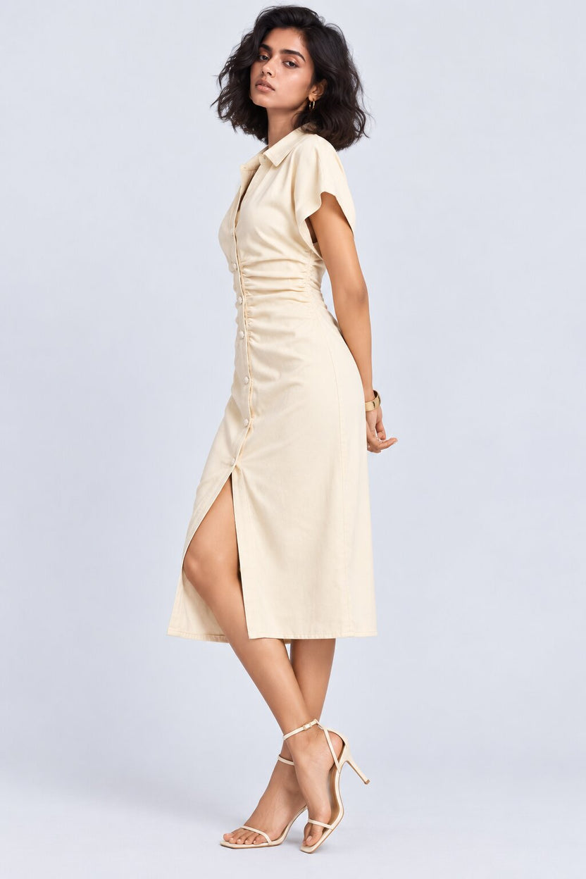 Womens Beige Ruched Midi Shirt Dress - Image 4