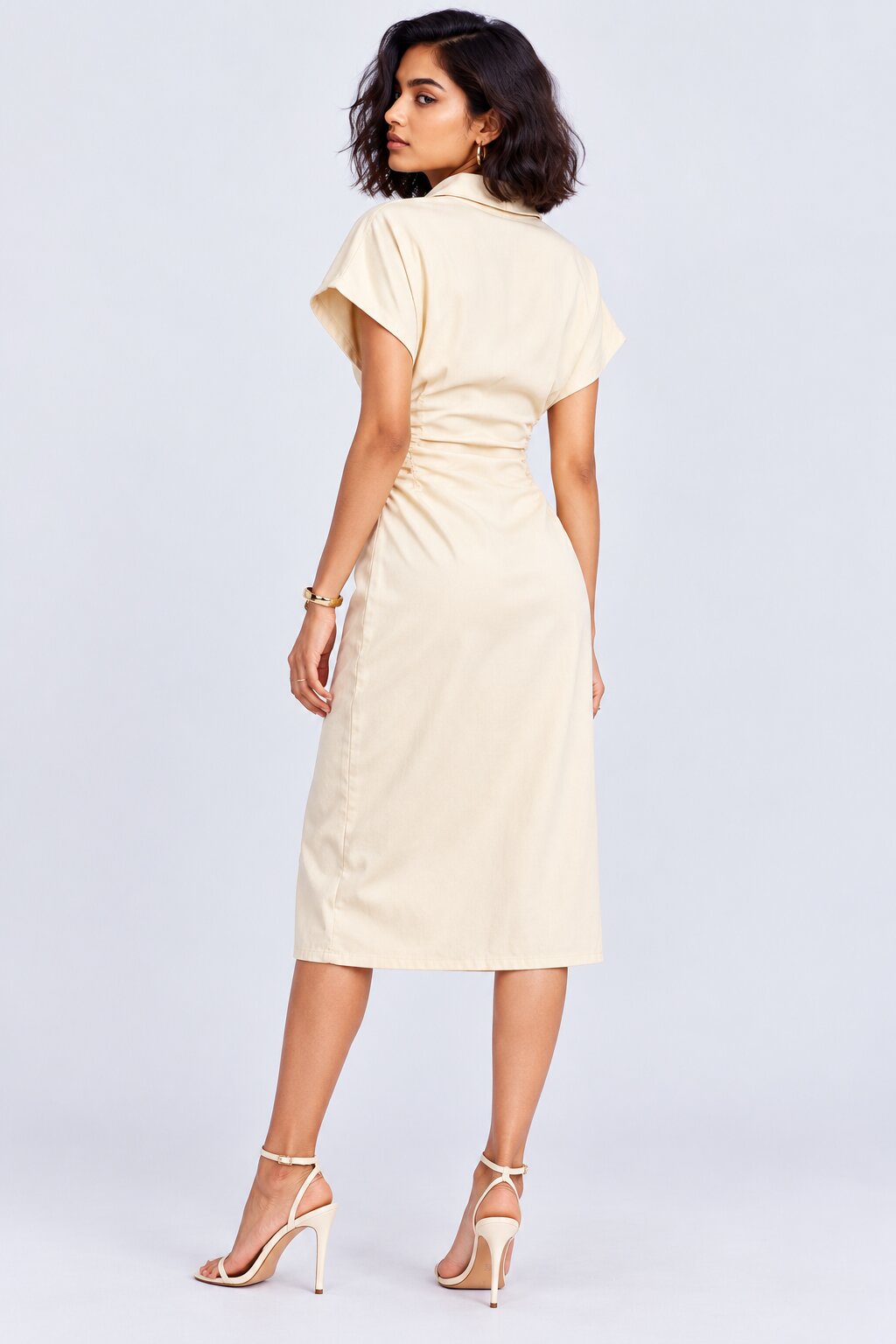 Womens Beige Ruched Midi Shirt Dress - Image 5