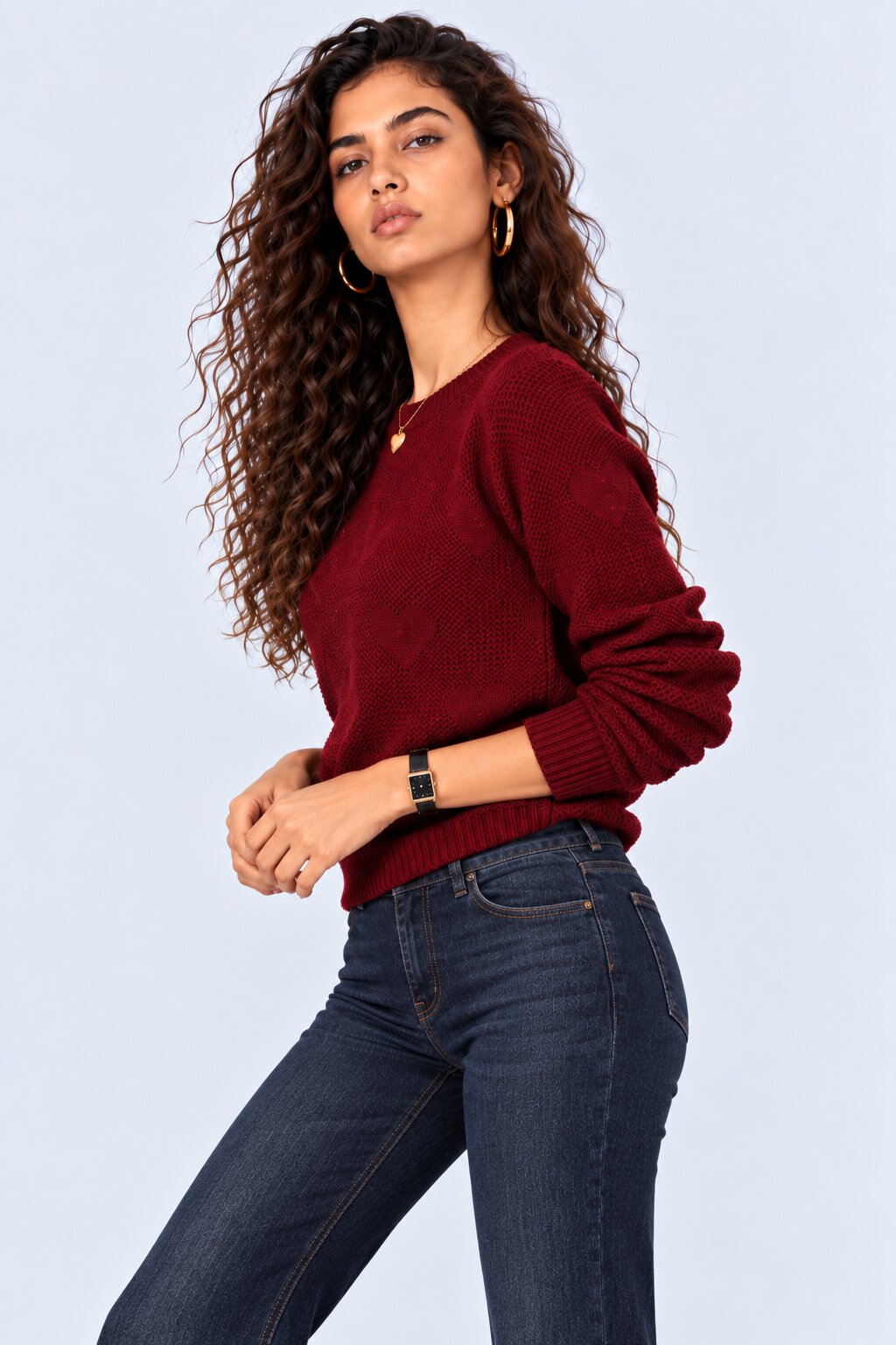 Womens Maroon Knit Pattern Sweater - Image 4