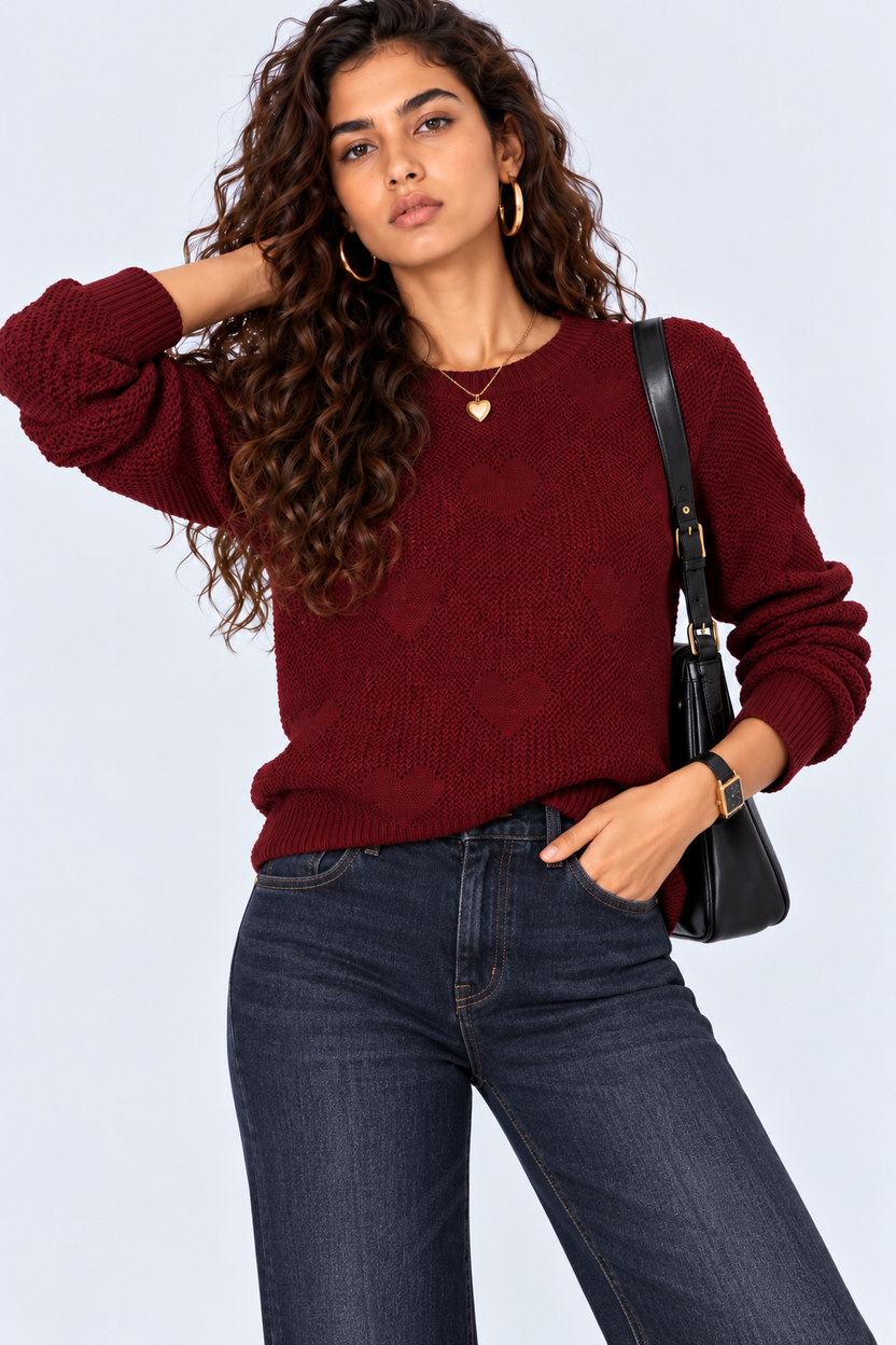 Womens Maroon Knit Pattern Sweater - Image 6