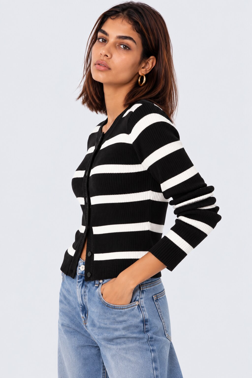 Womens Black and White Striped Knit Cardigan - Image 1