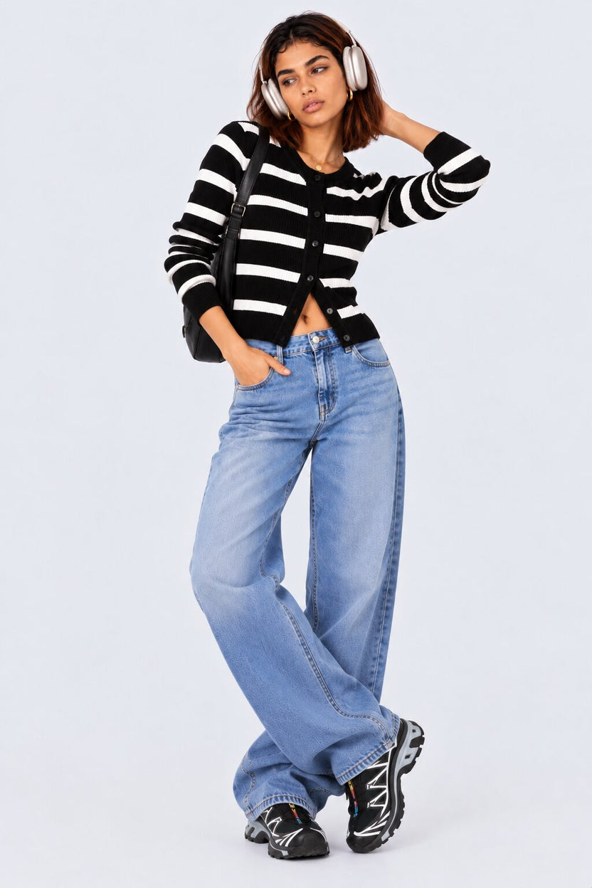 Womens Black and White Striped Knit Cardigan - Image 2
