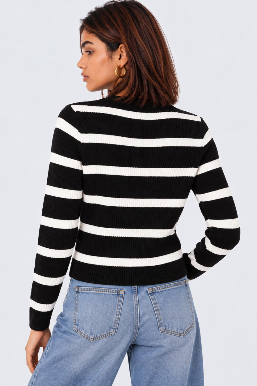Womens Black and White Striped Knit Cardigan - Image 4