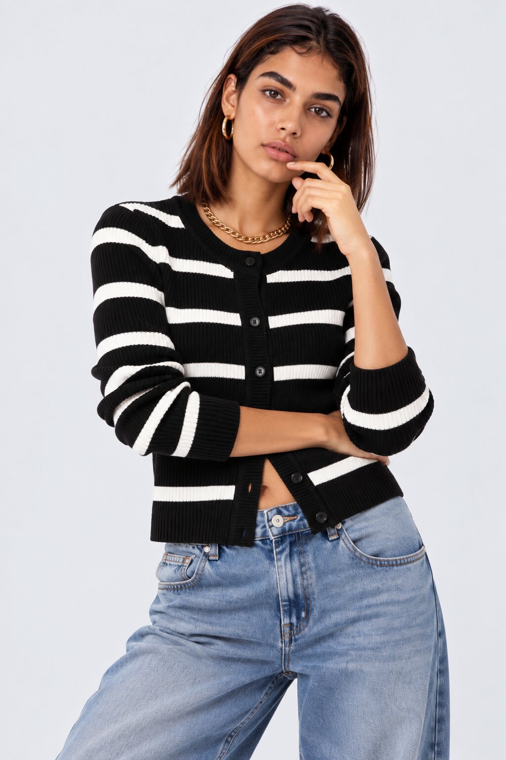 Womens Black and White Striped Knit Cardigan - Image 5