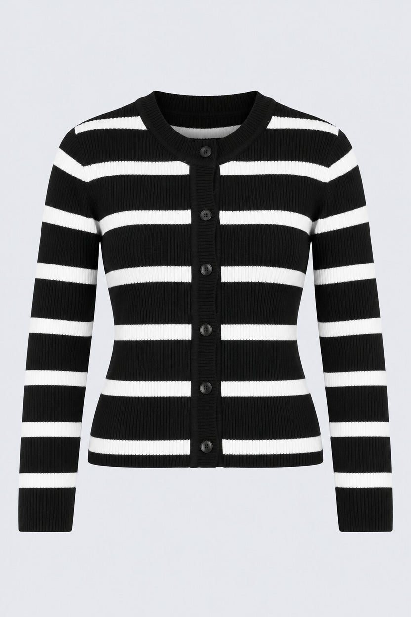 Womens Black and White Striped Knit Cardigan - Image 6