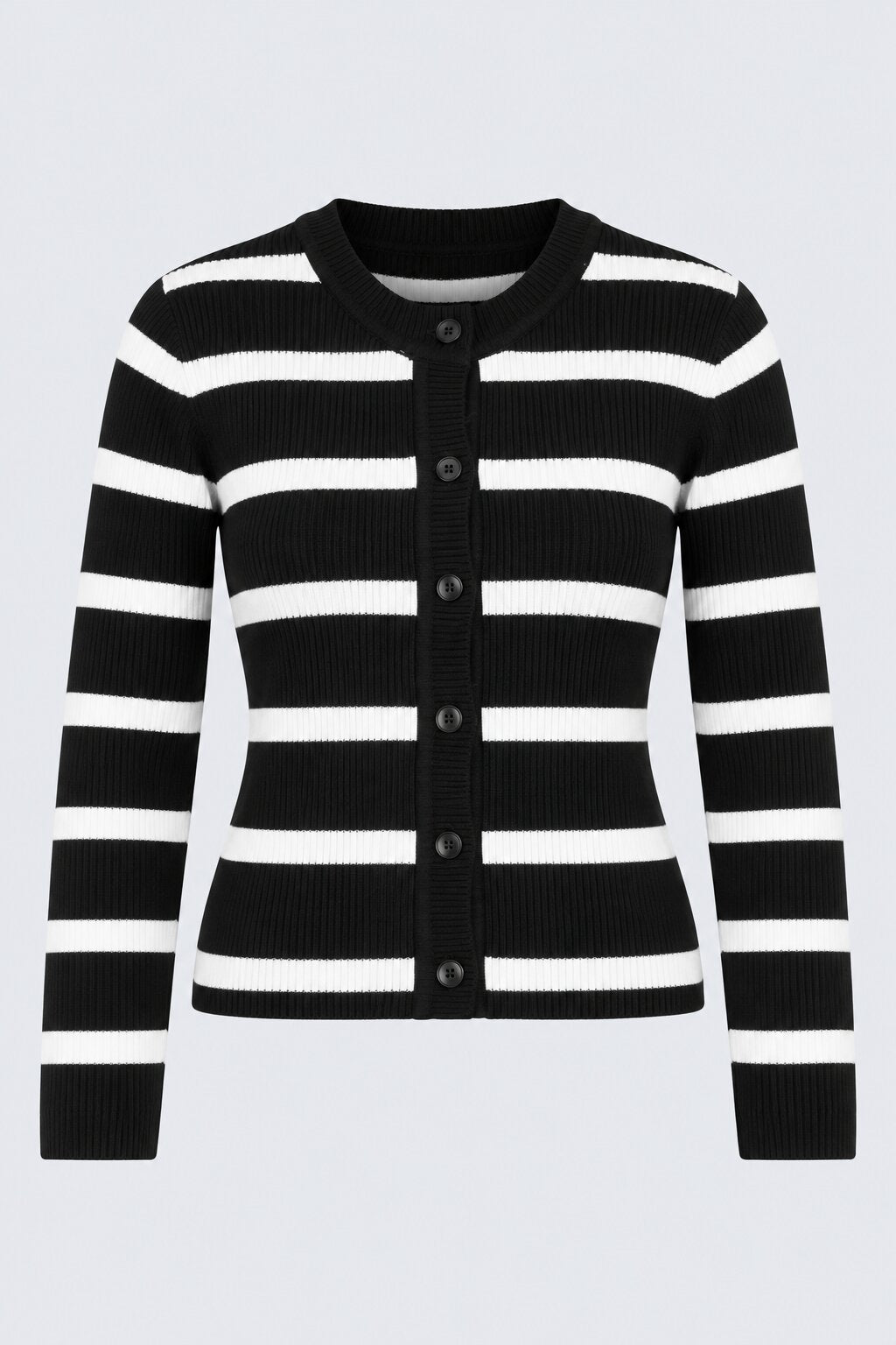 Womens Black and White Striped Knit Cardigan - Image 6