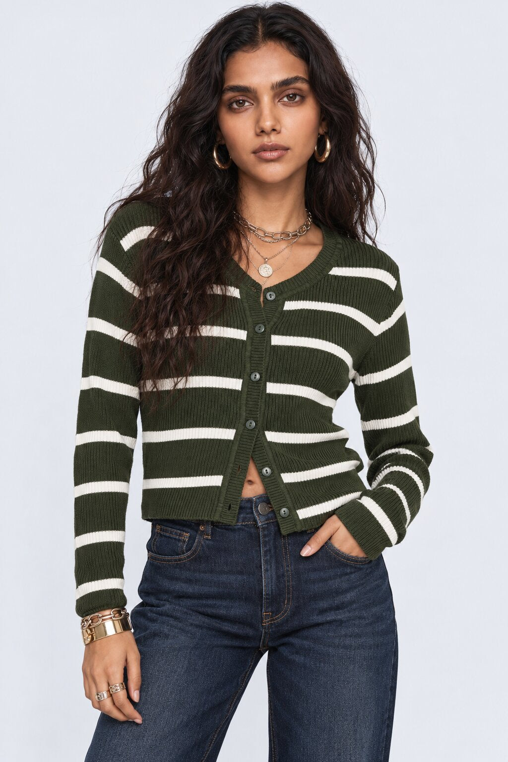 Womens Olive and White Striped Knit Cardigan - Image 2