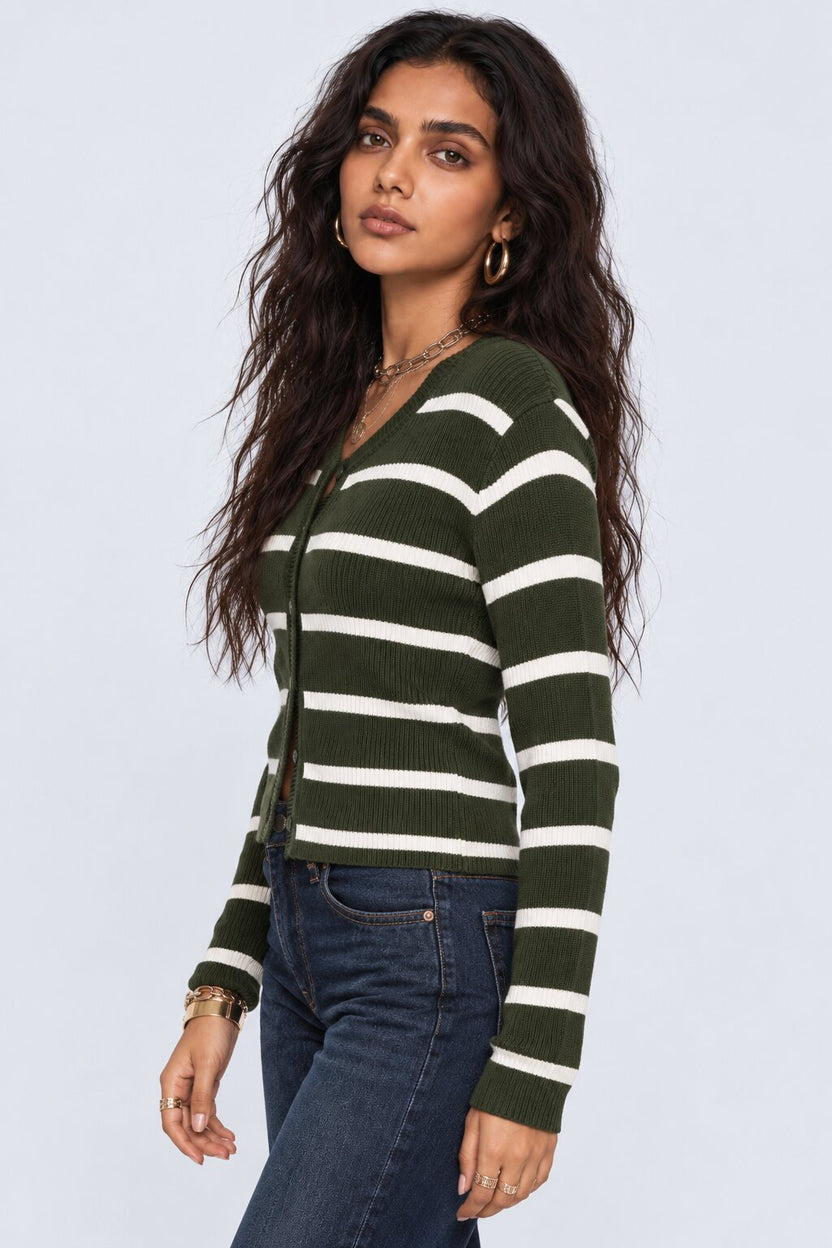 Womens Olive and White Striped Knit Cardigan - Image 4