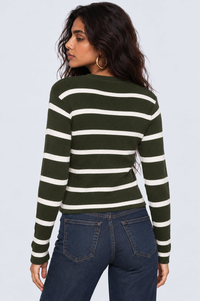 Womens Olive and White Striped Knit Cardigan - Image 5