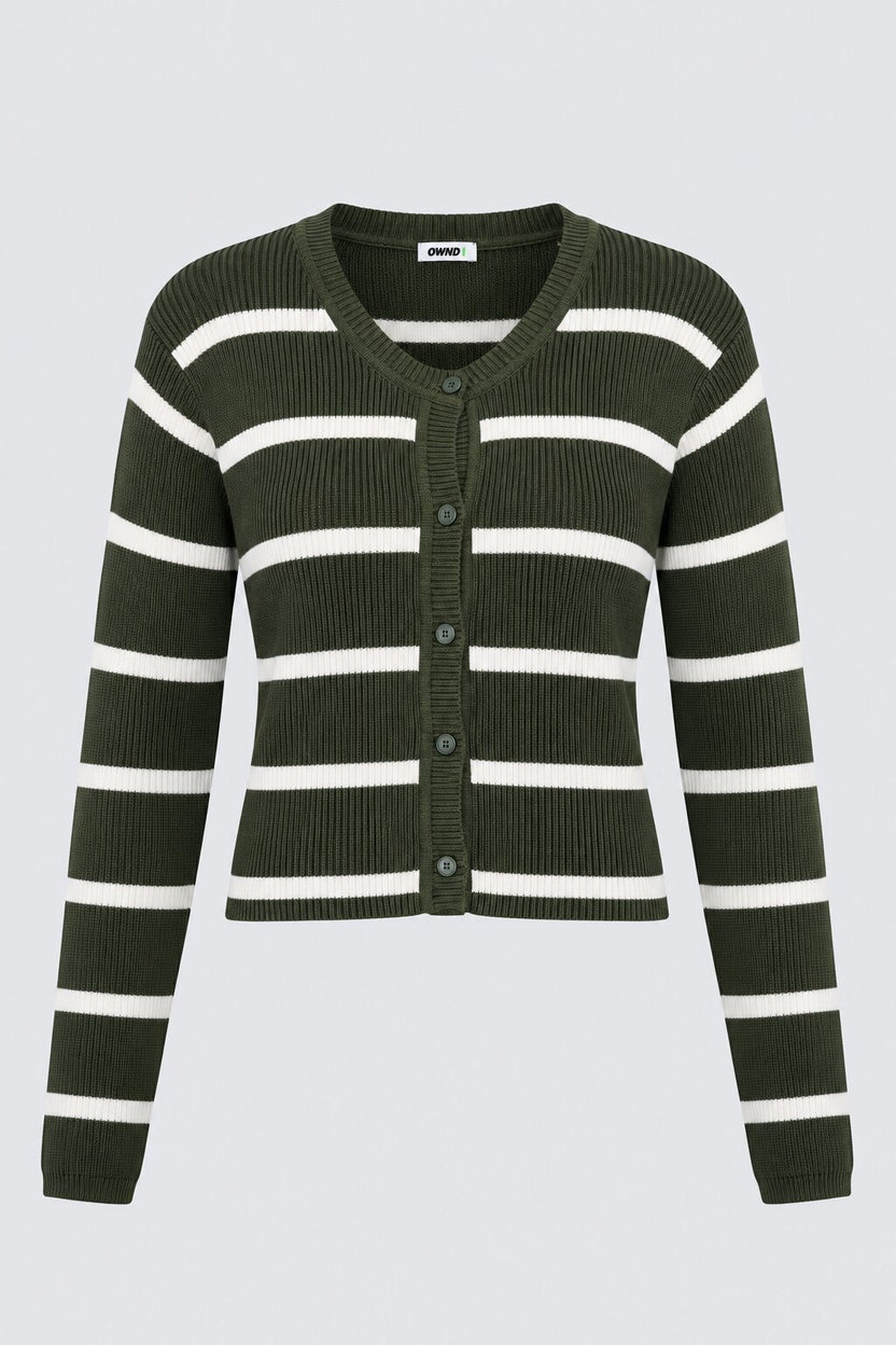 Womens Olive and White Striped Knit Cardigan - Image 7