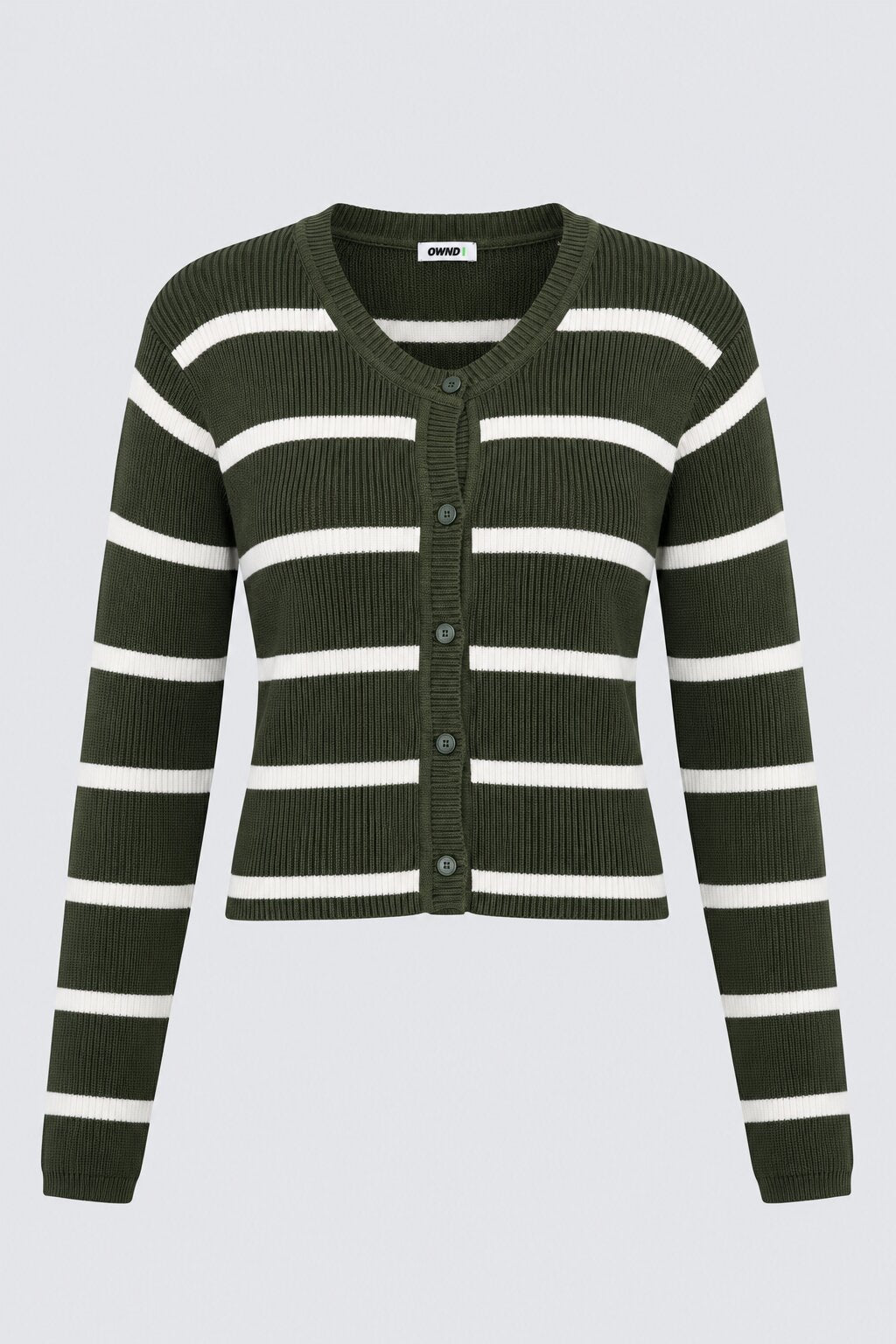 Womens Olive and White Striped Knit Cardigan - Image 7