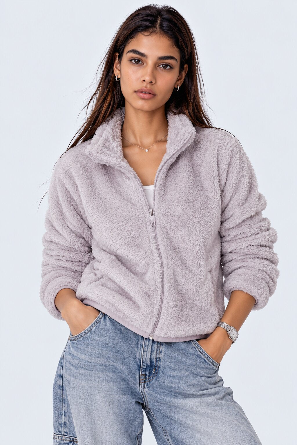 Womens Lilac Fleece Zip-Up Cozy Jacket - Image 1