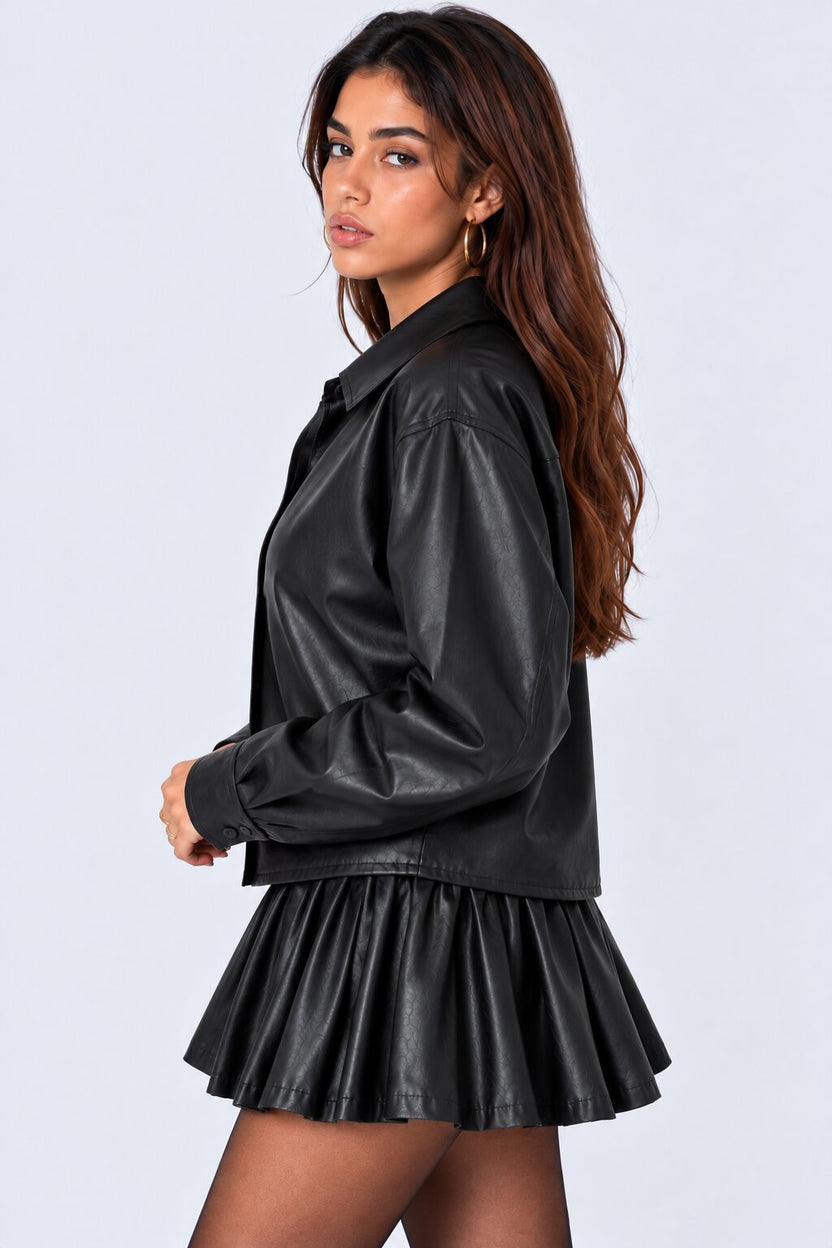 Womens Black Peplum Leather Jacket - Image 4