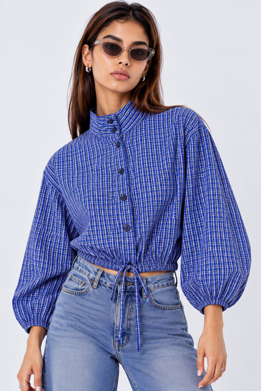 Womens Blue Checked Drawstring Crop Shirt - Image 1