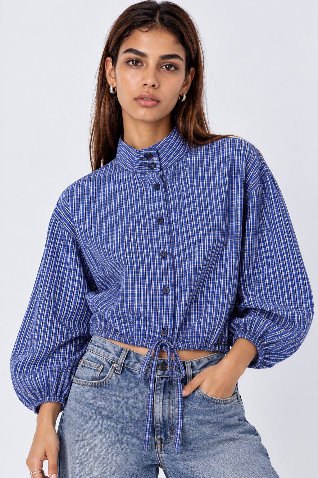 Womens Blue Checked Drawstring Crop Shirt - Image 2