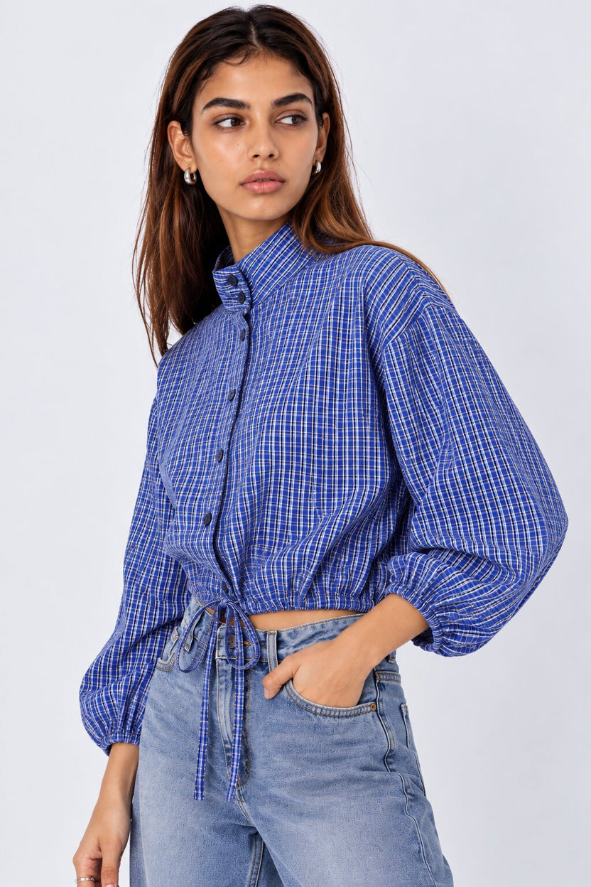 Womens Blue Checked Drawstring Crop Shirt - Image 4