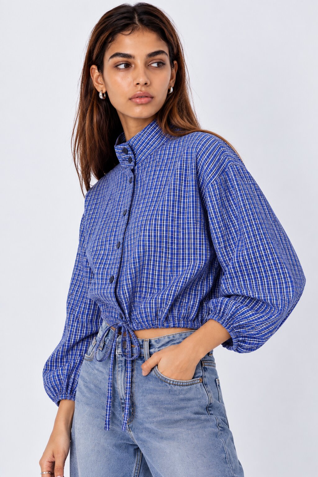Womens Blue Checked Drawstring Crop Shirt - Image 4