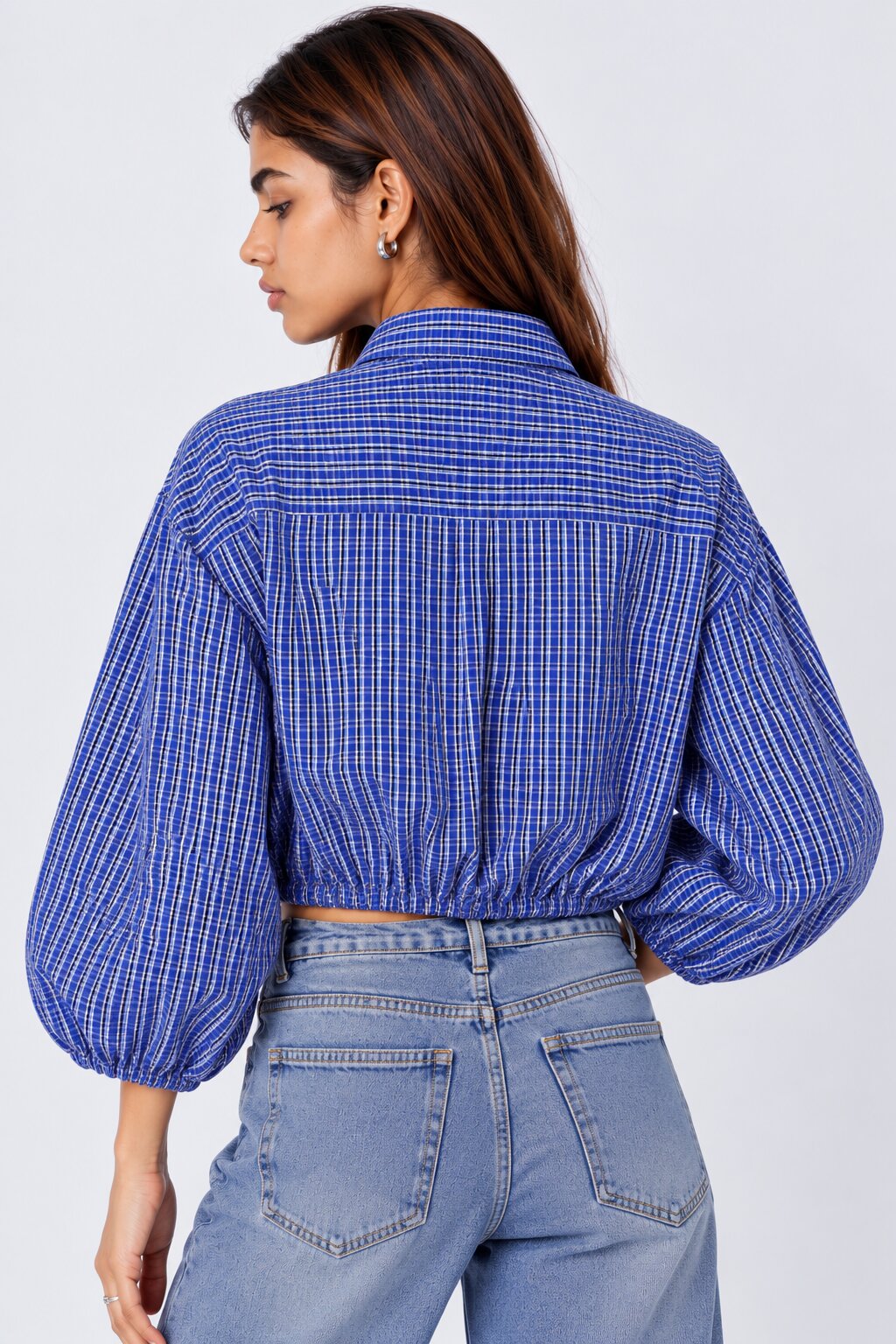 Womens Blue Checked Drawstring Crop Shirt - Image 5