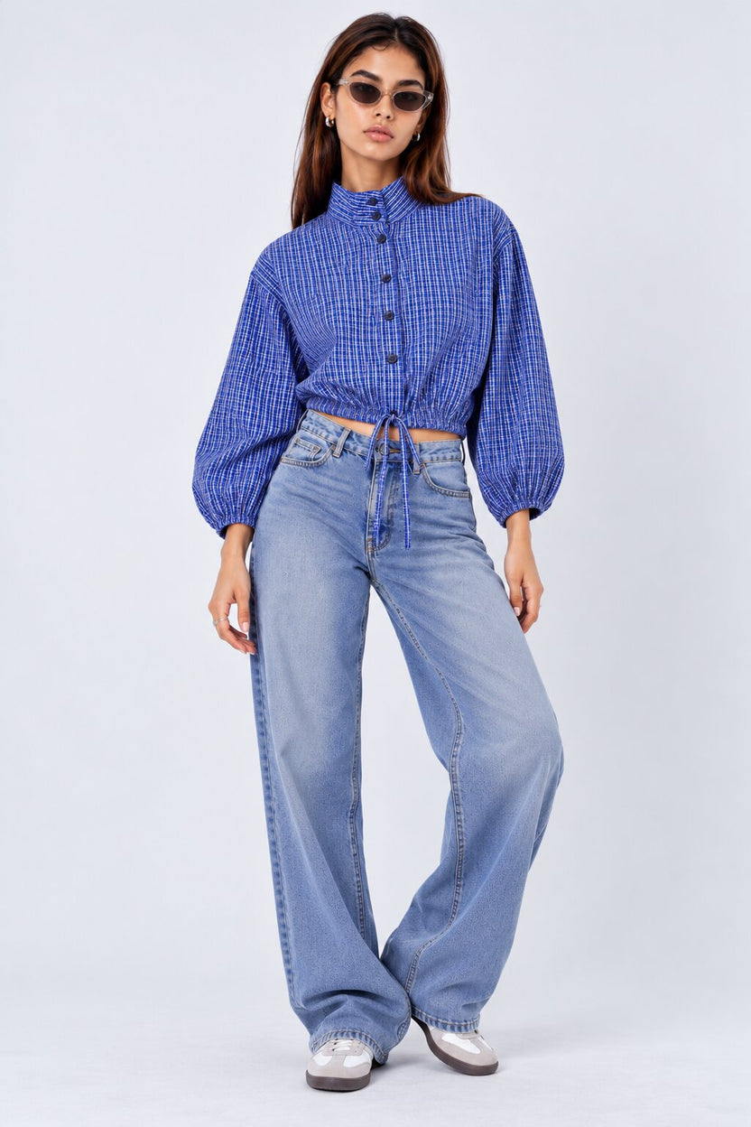 Womens Blue Checked Drawstring Crop Shirt - Image 6