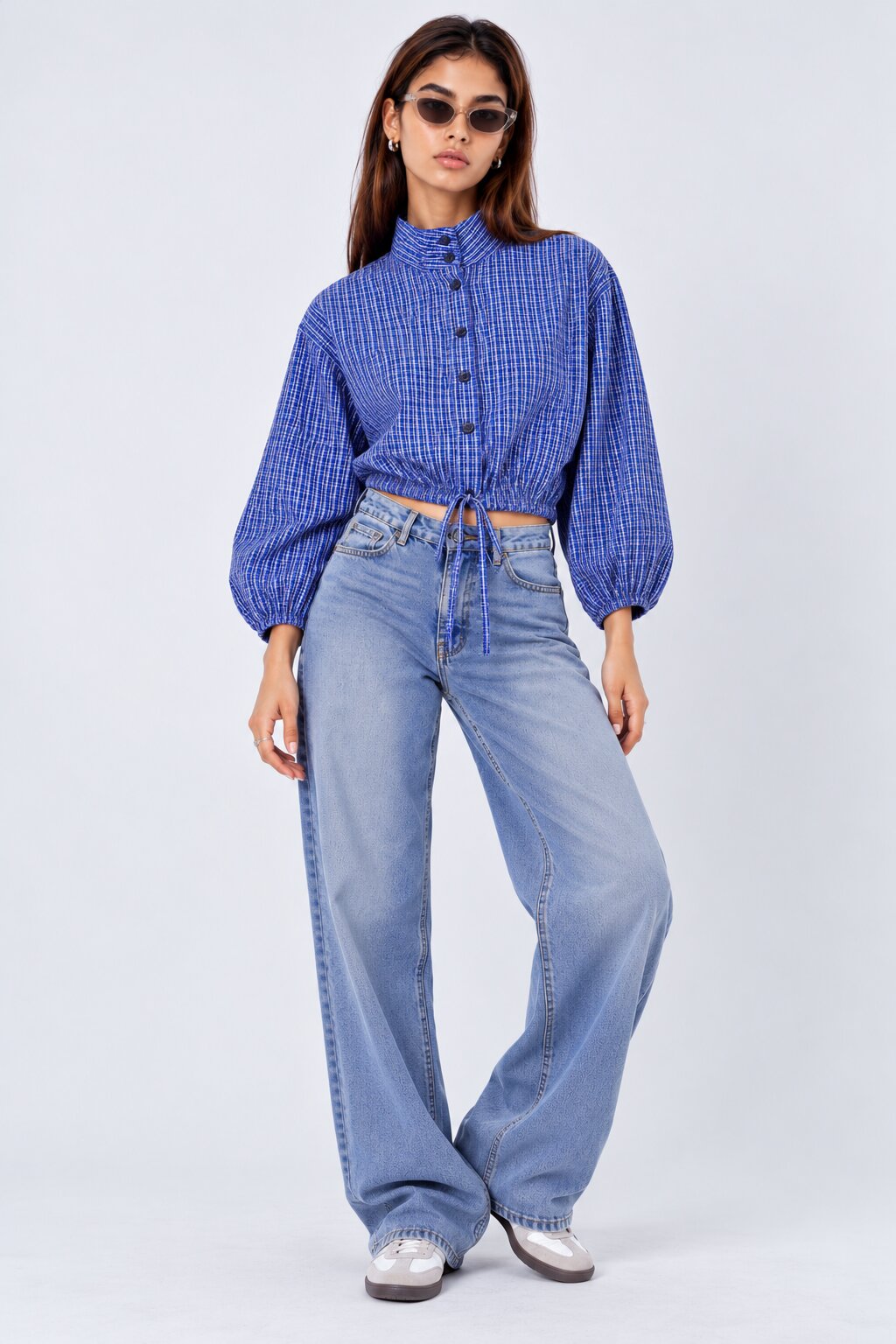 Womens Blue Checked Drawstring Crop Shirt - Image 6