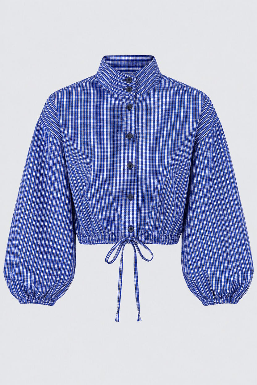 Womens Blue Checked Drawstring Crop Shirt - Image 7
