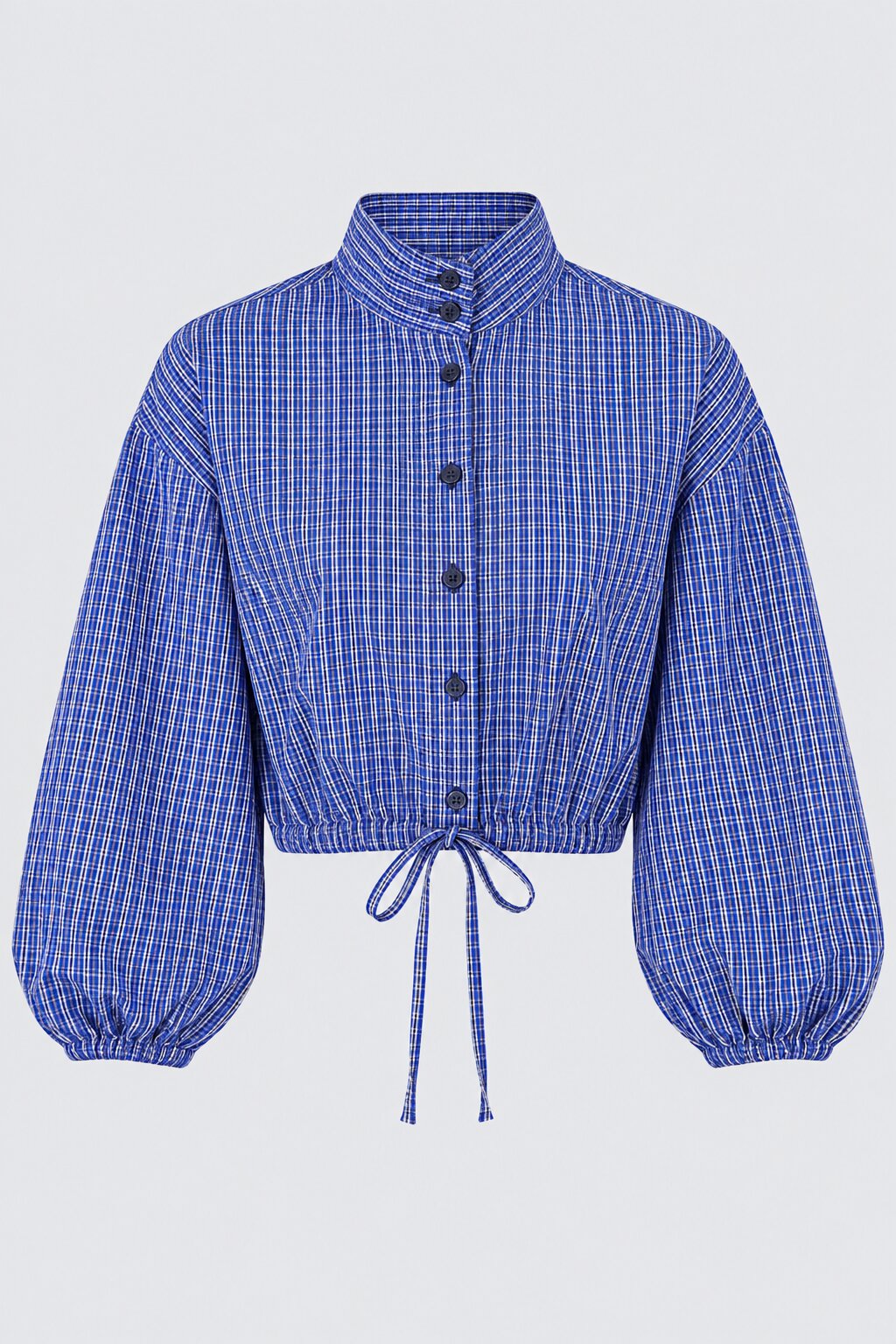 Womens Blue Checked Drawstring Crop Shirt - Image 7
