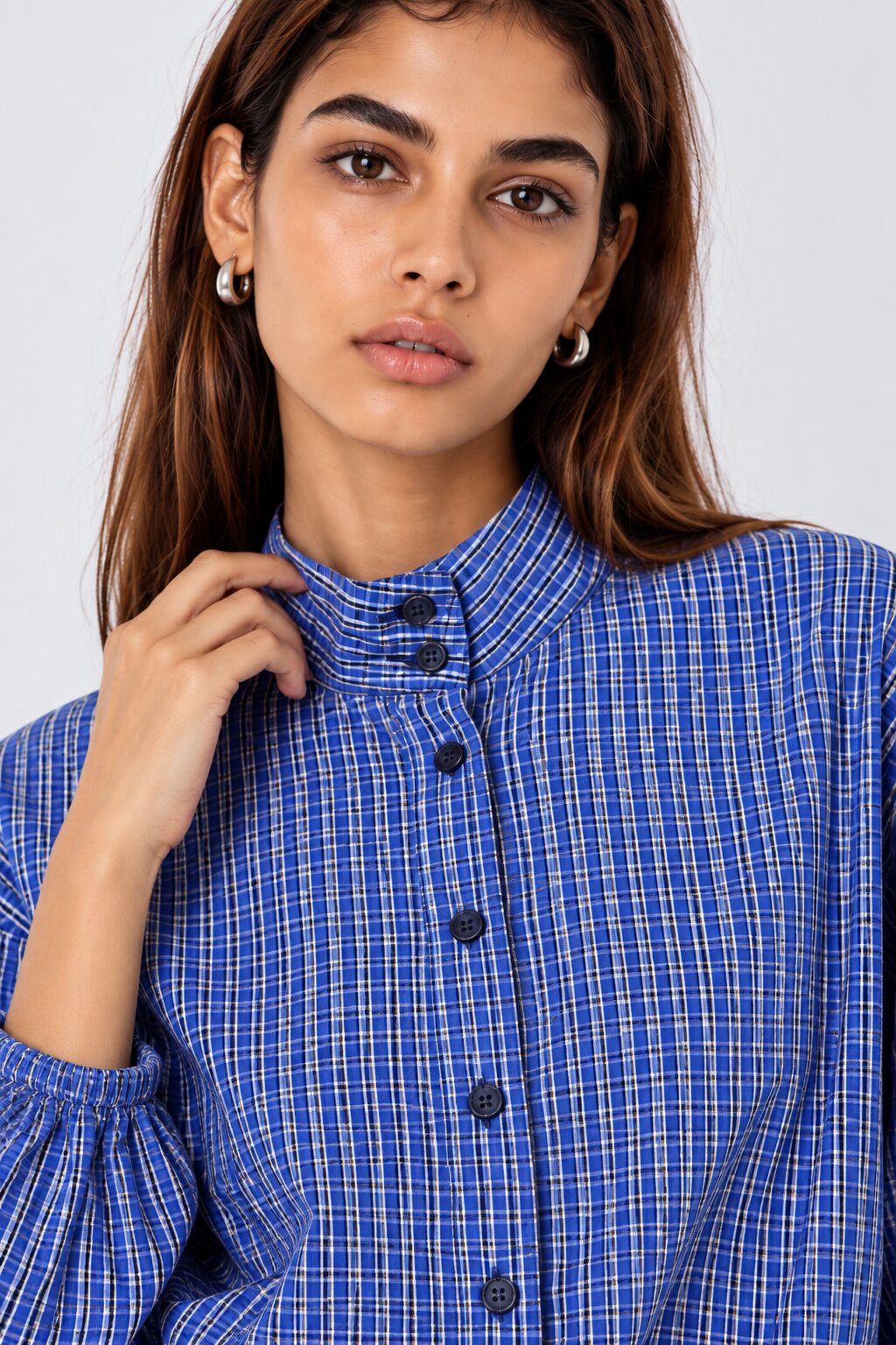 Womens Blue Checked Drawstring Crop Shirt - Image 9