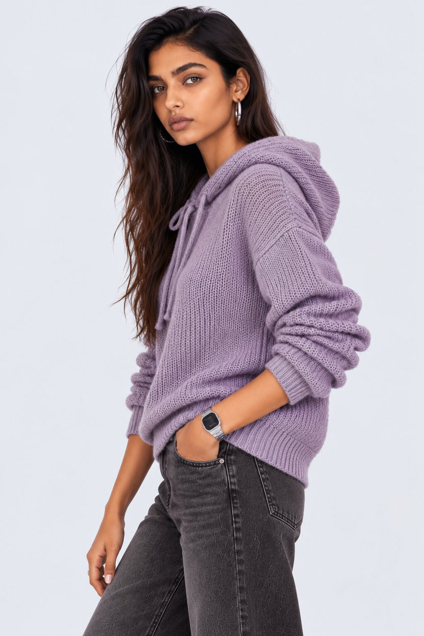 Womens Lilac Knit Hooded Pullover Sweater - Image 2