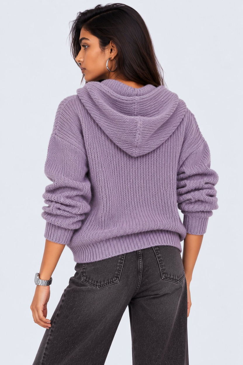 Womens Lilac Knit Hooded Pullover Sweater - Image 4